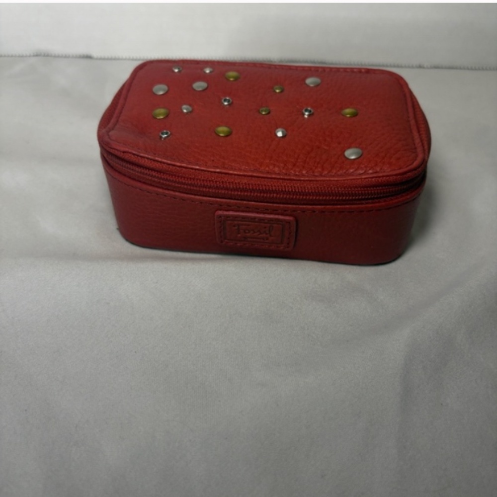 FOSSIL Small Studded Leather Travel Jewelry Box Case w/ Zip-Around Closure
